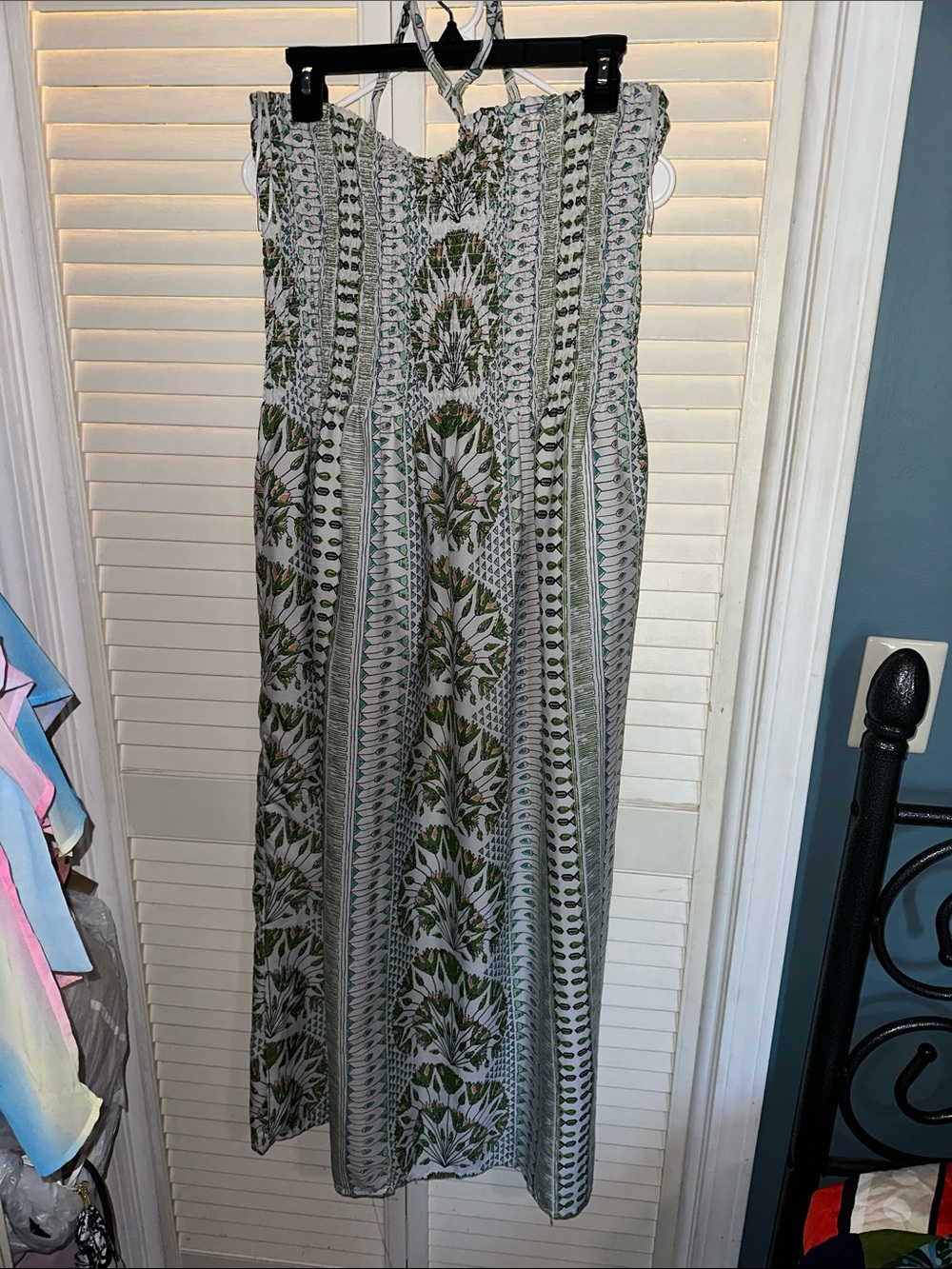 Striped Green and White Strapless Maxi Dress with Smocked Bodice
